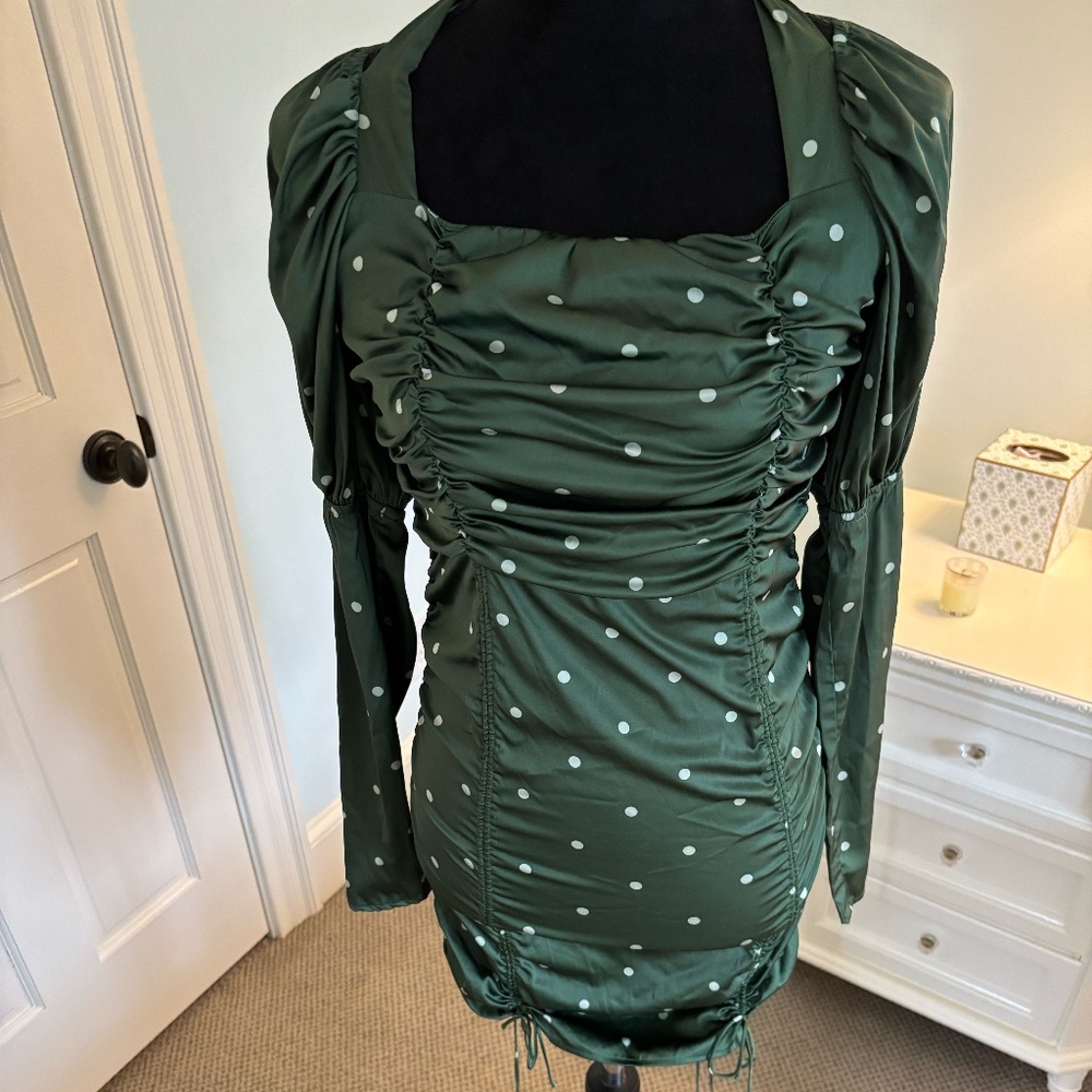 LoveShackFancy / For Love & Lemons Green Polka Dot Ruched Mini Dress – Size M
